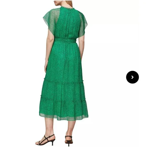 WHISTLES Green Midi Sketched Floral Frill Dress Chiffon US 2 Small RRP $339